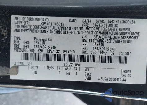 2014 Ford Fiesta Se из США, поврежденный, VIN 3FADP4EJ8EM235987